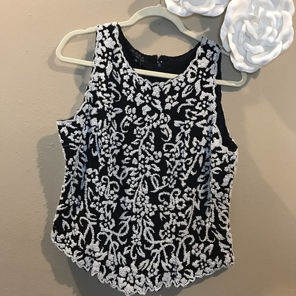 NWT JKara Women’s Blouse Top Black With White Beads Sleeveless Sz XL $99MSRP [x] - Picture 1 of 5